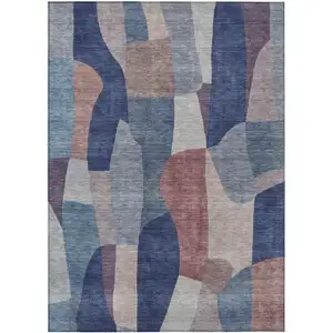 Photo of Blue And Copper Abstract Washable Indoor Outdoor Area Rug