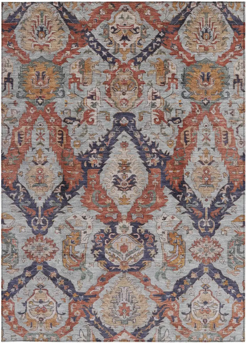 Blue And Copper Damask Washable Indoor Outdoor Area Rug Photo 3