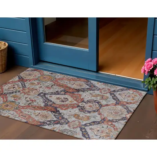 Blue And Copper Damask Washable Indoor Outdoor Area Rug Photo 2