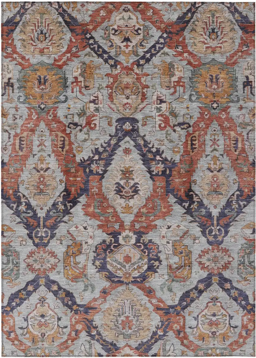 Blue And Copper Damask Washable Indoor Outdoor Area Rug Photo 1