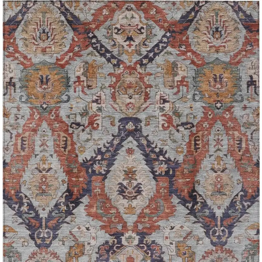 Blue And Copper Damask Washable Indoor Outdoor Area Rug Photo 4