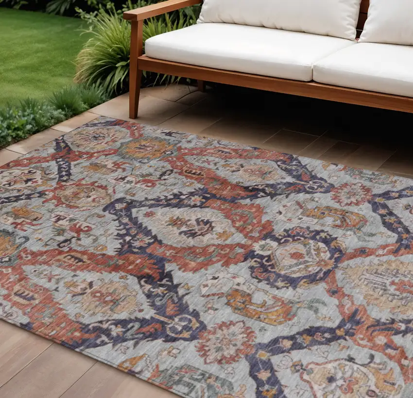 Blue And Copper Damask Washable Indoor Outdoor Area Rug Photo 2