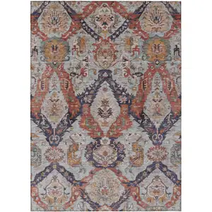 Photo of Blue And Copper Damask Washable Indoor Outdoor Area Rug