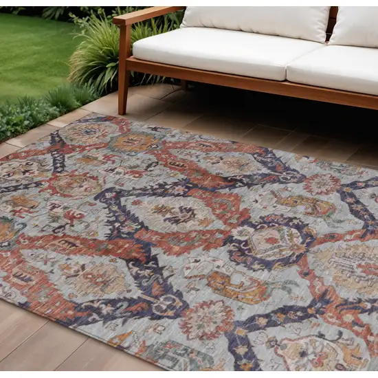 Blue And Copper Damask Washable Indoor Outdoor Area Rug Photo 2