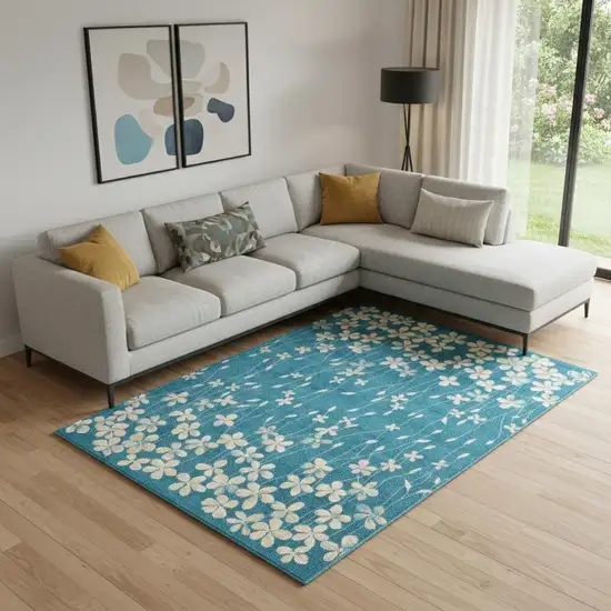 Blue And Cream Floral Area Rug Photo 1