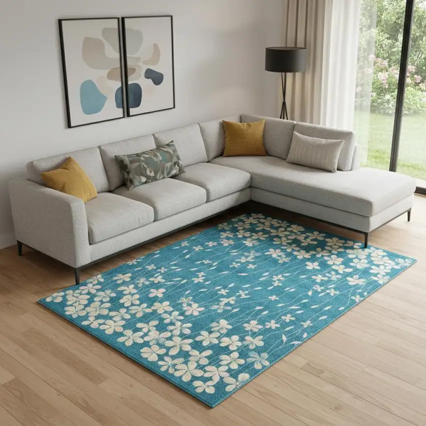 Blue And Cream Floral Area Rug Photo 1