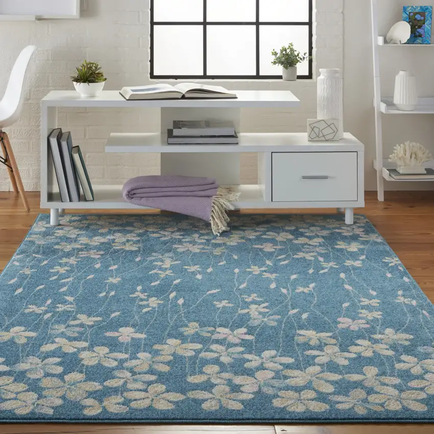 Blue And Cream Floral Area Rug Photo 4