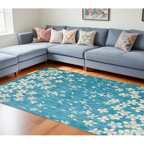 Blue And Cream Floral Area Rug Photo 1