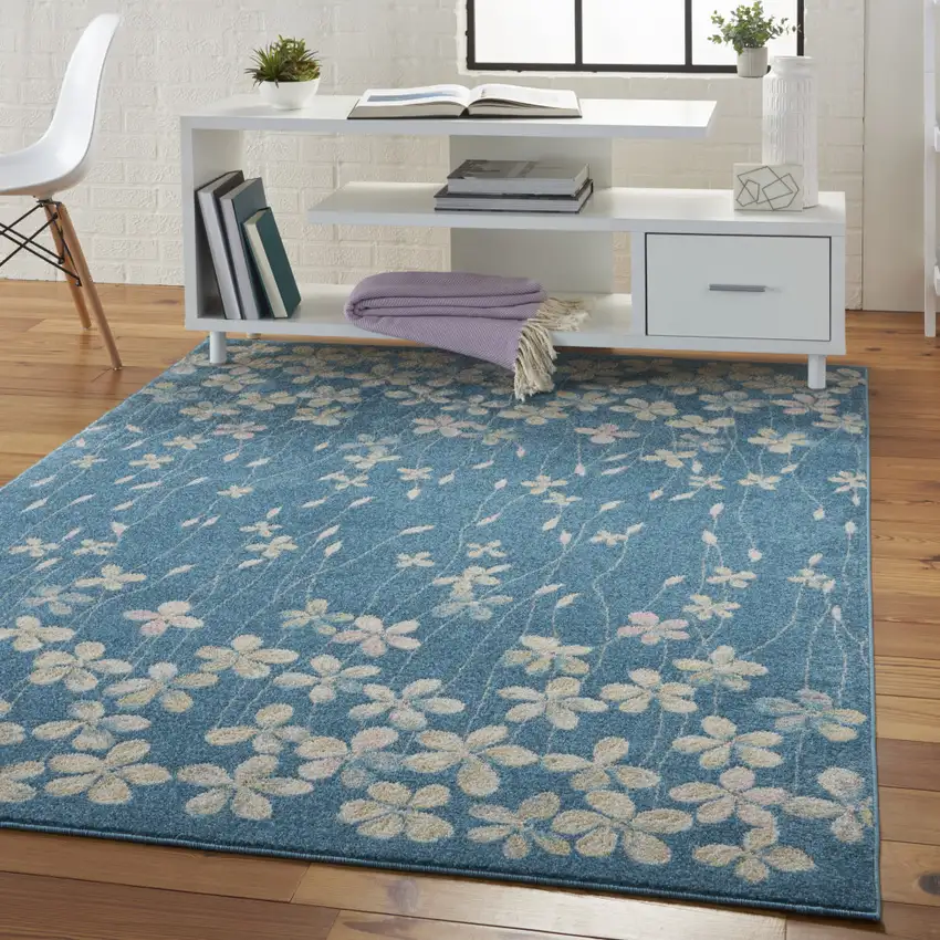 Blue And Cream Floral Area Rug Photo 5