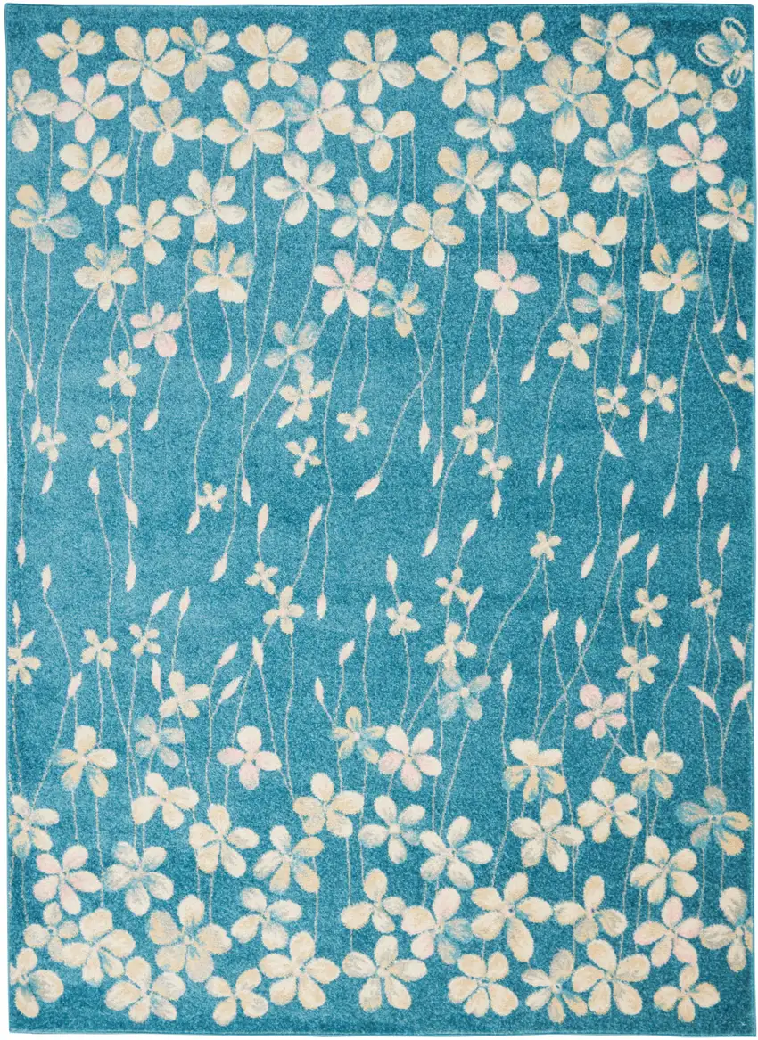 Blue And Cream Floral Area Rug Photo 2
