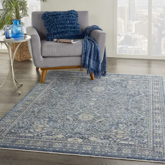 Blue And Cream Floral Non Skid Area Rug With Fringe Photo 7