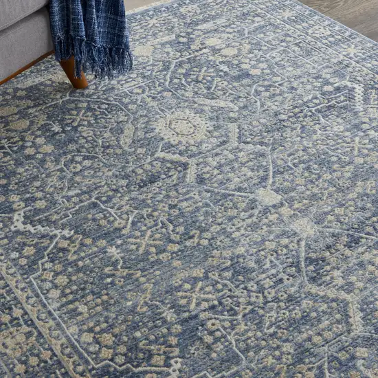 Blue And Cream Floral Non Skid Area Rug With Fringe Photo 6