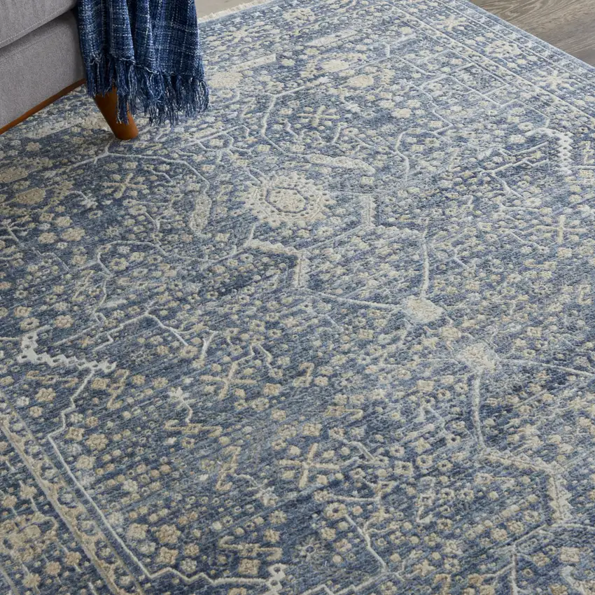 Blue And Cream Floral Non Skid Area Rug With Fringe Photo 6