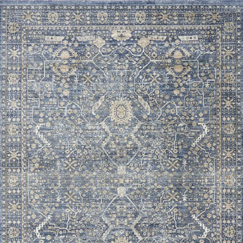 Blue And Cream Floral Non Skid Area Rug With Fringe Photo 9