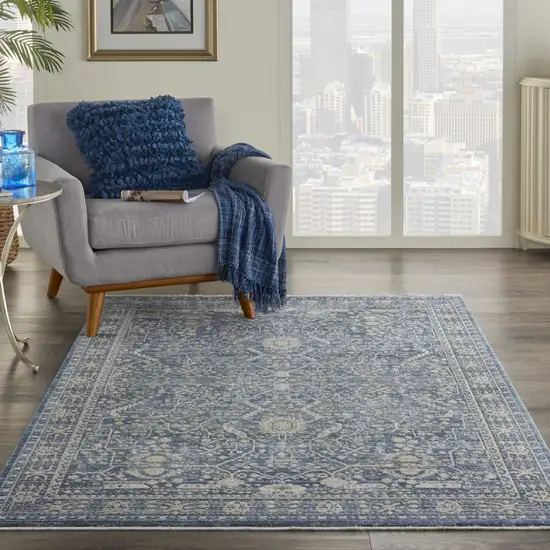 Blue And Cream Floral Non Skid Area Rug With Fringe Photo 5