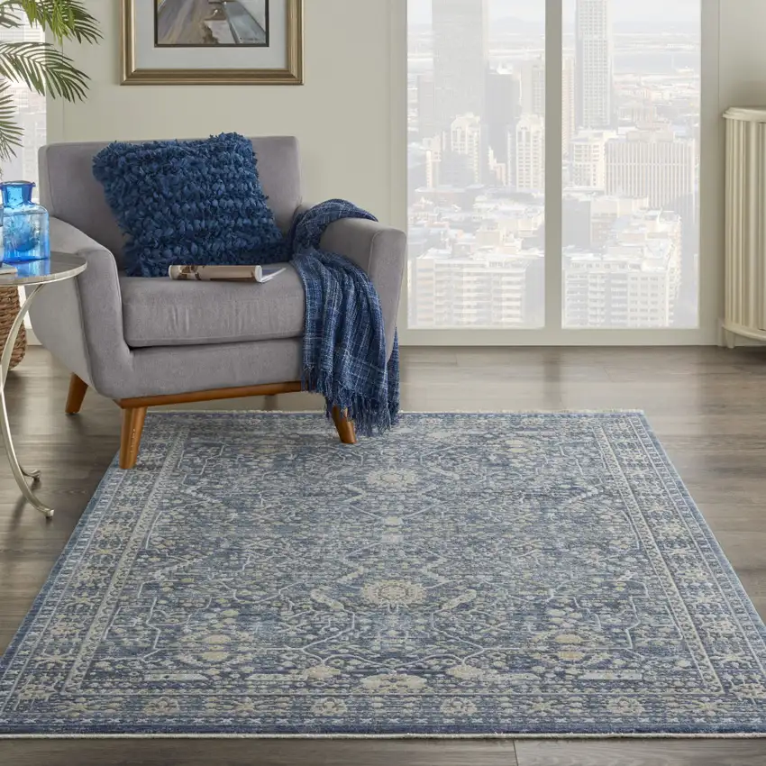 Blue And Cream Floral Non Skid Area Rug With Fringe Photo 5