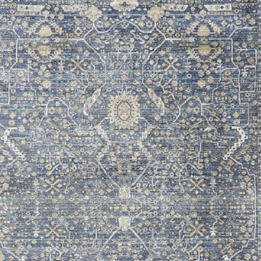 Blue And Cream Floral Non Skid Area Rug With Fringe Photo 9