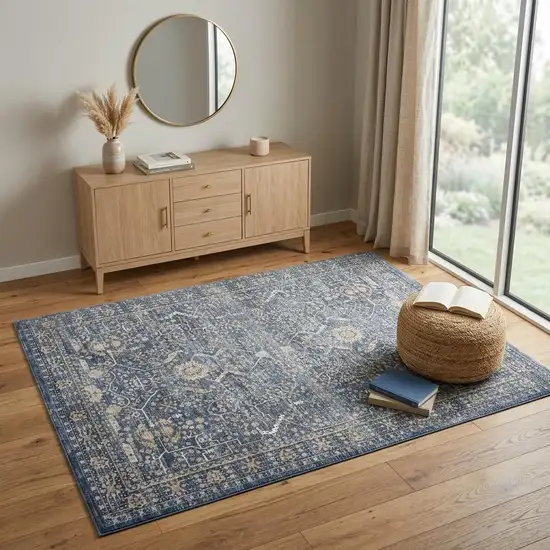 Blue And Cream Floral Non Skid Area Rug With Fringe Photo 1