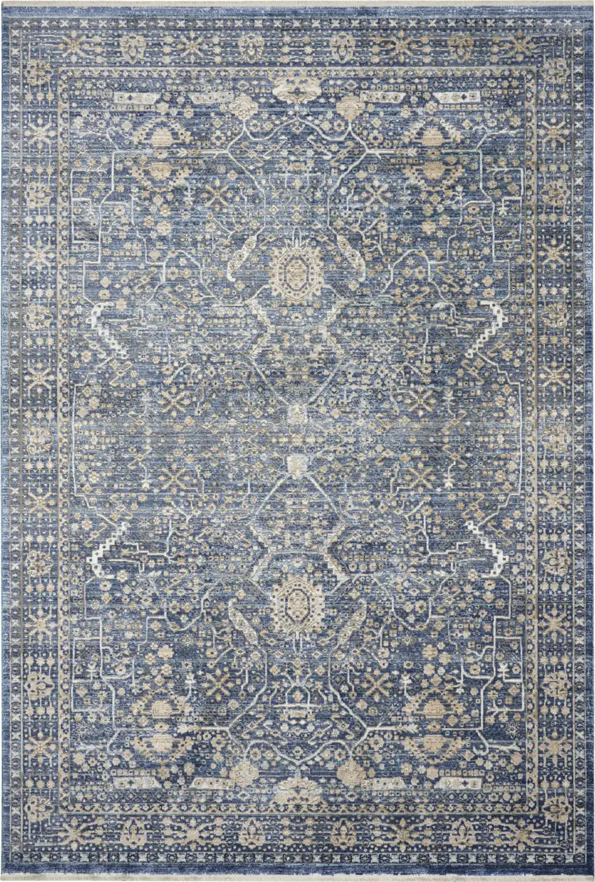 Blue And Cream Floral Non Skid Area Rug With Fringe Photo 8