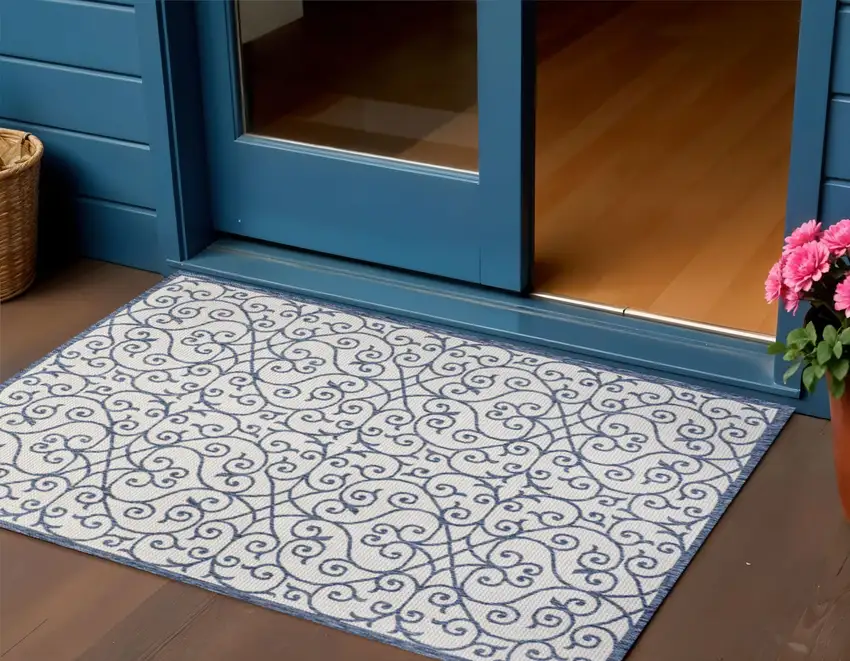 Blue And Cream Geometric Indoor Outdoor Area Rug Photo 1