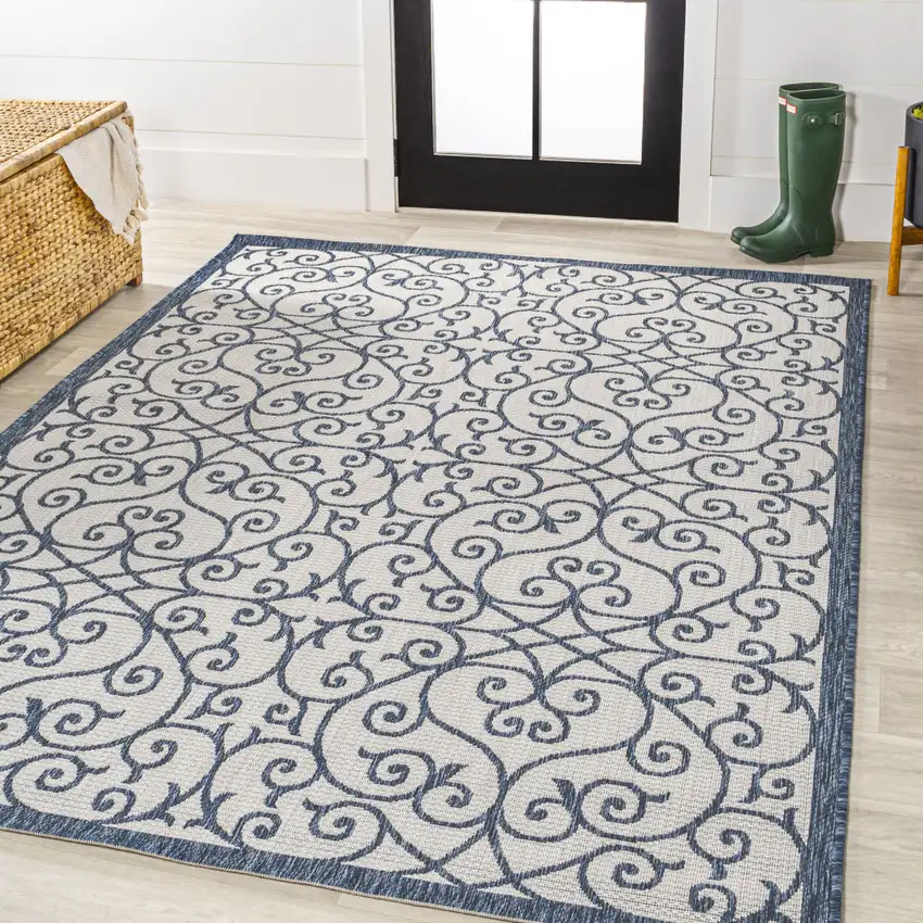 Blue And Cream Geometric Indoor Outdoor Area Rug Photo 5