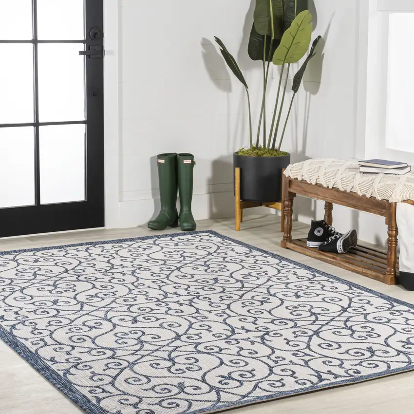 Blue And Cream Geometric Indoor Outdoor Area Rug Photo 8