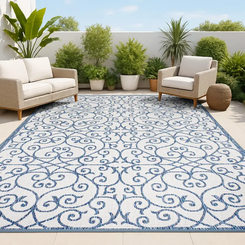 Blue And Cream Geometric Indoor Outdoor Area Rug Photo 4