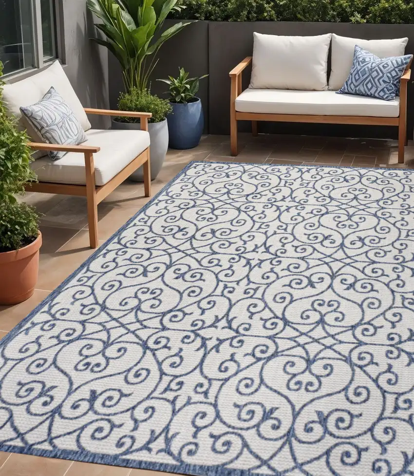 Blue And Cream Geometric Indoor Outdoor Area Rug Photo 1