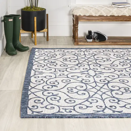Blue And Cream Geometric Indoor Outdoor Area Rug Photo 6