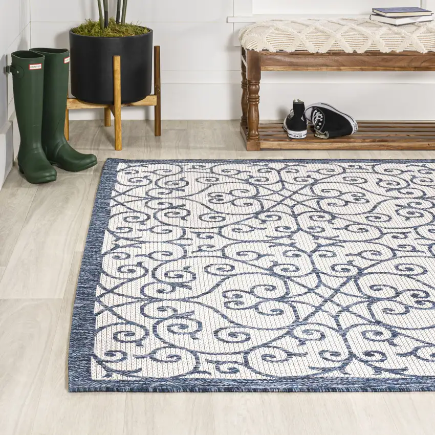 Blue And Cream Geometric Indoor Outdoor Area Rug Photo 6