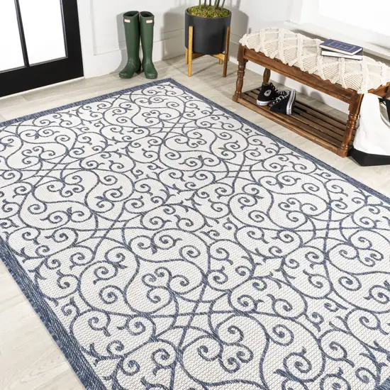 Blue And Cream Geometric Indoor Outdoor Area Rug Photo 7