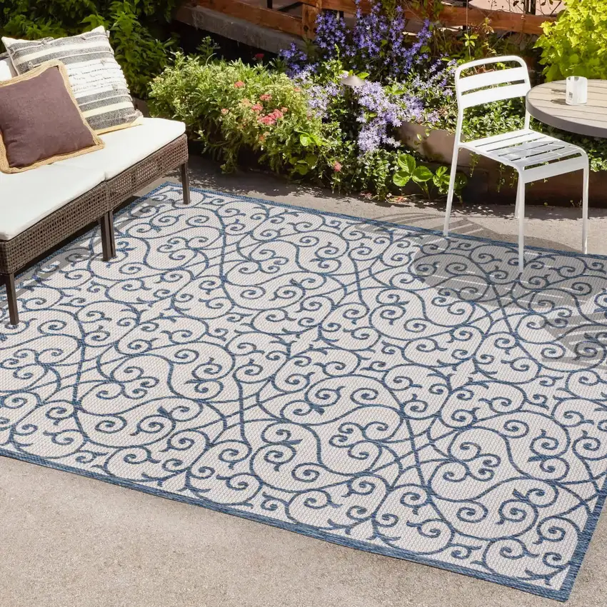 Blue And Cream Geometric Indoor Outdoor Area Rug Photo 9