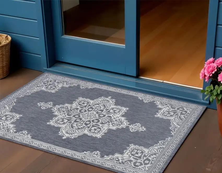 Blue And Cream Medallion Indoor Outdoor Area Rug Photo 1