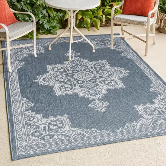 Blue And Cream Medallion Indoor Outdoor Area Rug Photo 9