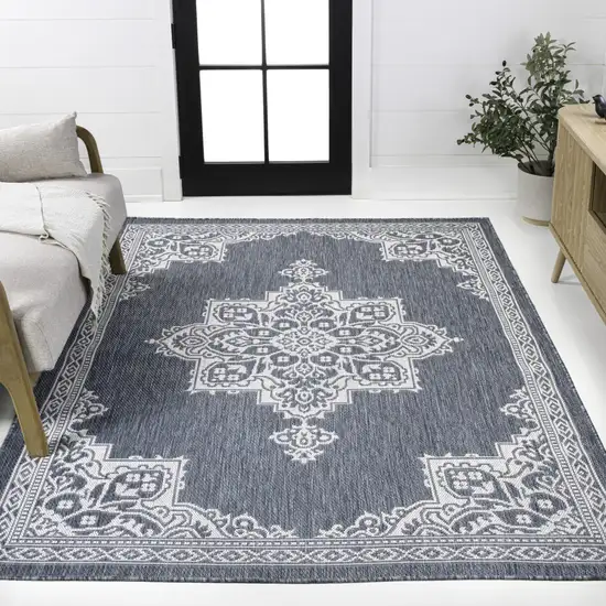 Blue And Cream Medallion Indoor Outdoor Area Rug Photo 5