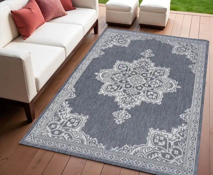 Blue And Cream Medallion Indoor Outdoor Area Rug Photo 1