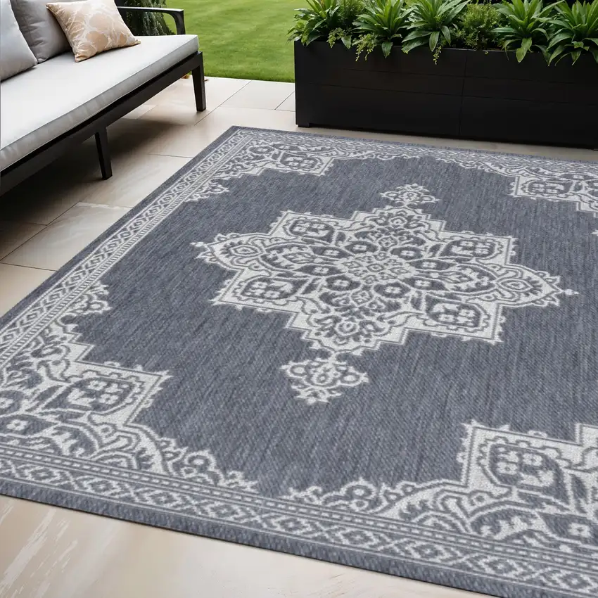 Blue And Cream Medallion Indoor Outdoor Area Rug Photo 1