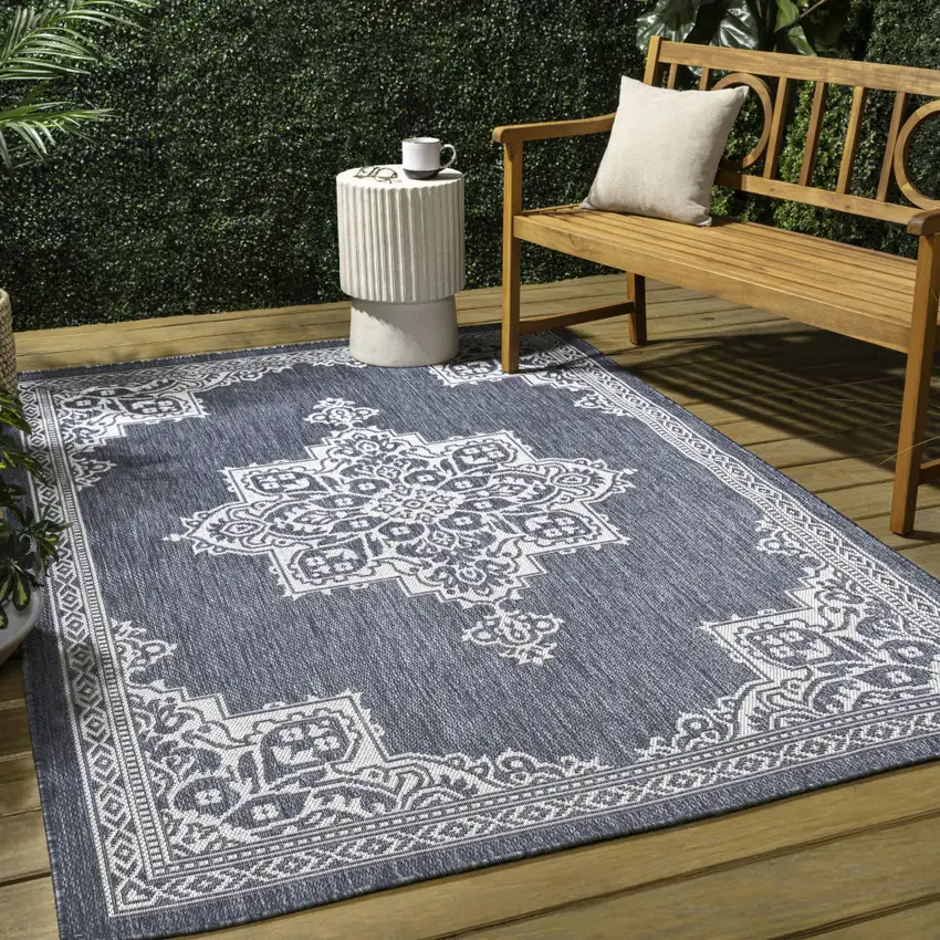 Blue And Cream Medallion Indoor Outdoor Area Rug Photo 8