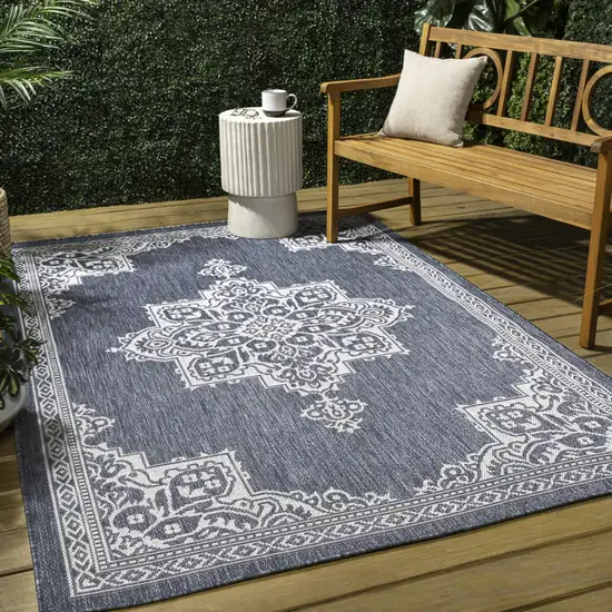 Blue And Cream Medallion Indoor Outdoor Area Rug Photo 8