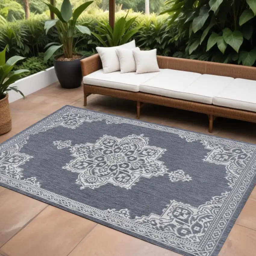 Blue And Cream Medallion Indoor Outdoor Area Rug Photo 1