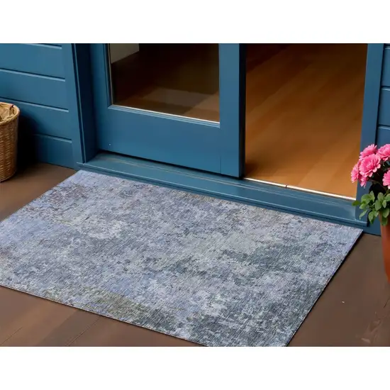 Blue And Dark Gray Abstract Washable Indoor Outdoor Area Rug Photo 1