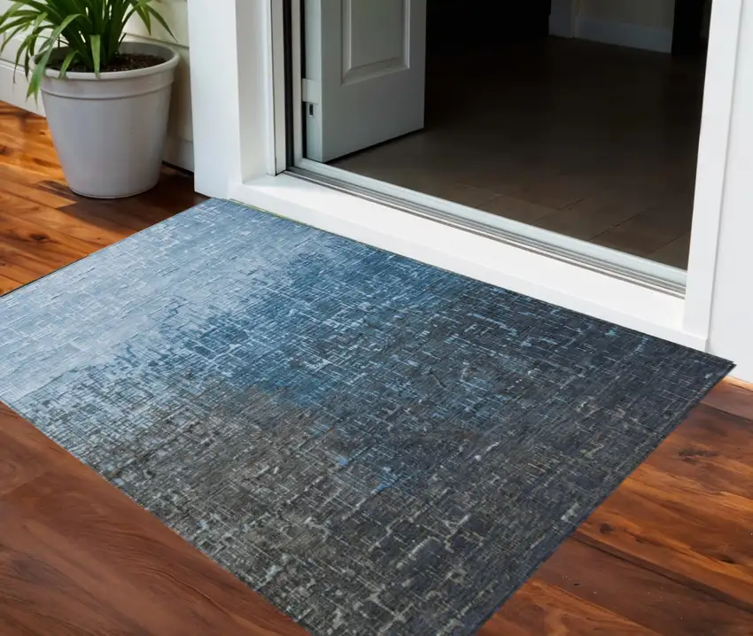 Blue And Dark Gray Ombre Washable Indoor Outdoor Area Rug Photo 1