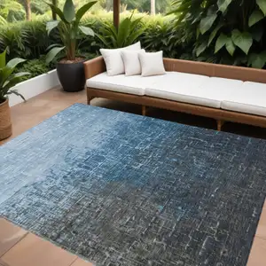 Photo of Blue And Dark Gray Ombre Washable Indoor Outdoor Area Rug
