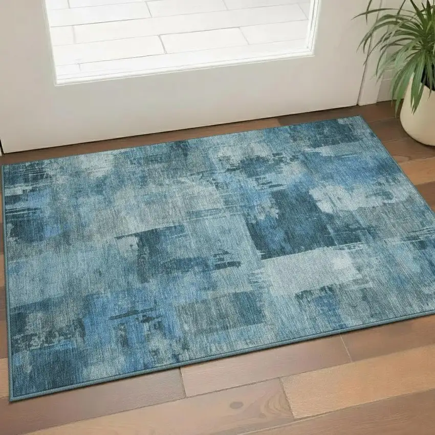Blue And Denim Blue Abstract Washable Area Rug With UV Protection Photo 2