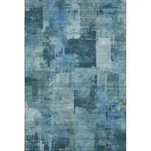 Photo of Blue And Denim Blue Abstract Washable Area Rug With UV Protection