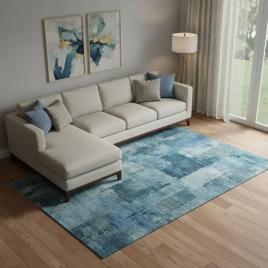 Blue And Denim Blue Abstract Washable Area Rug With UV Protection Photo 2