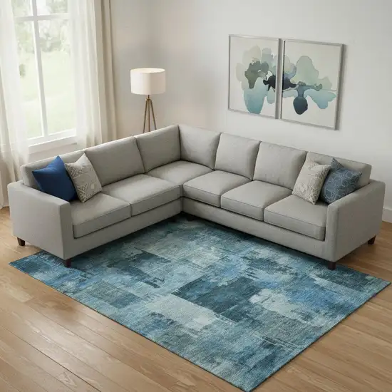 Blue And Denim Blue Abstract Washable Area Rug With UV Protection Photo 2