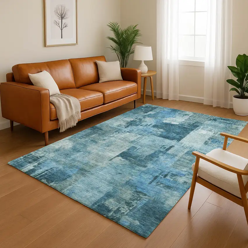 Blue And Denim Blue Abstract Washable Area Rug With UV Protection Photo 5