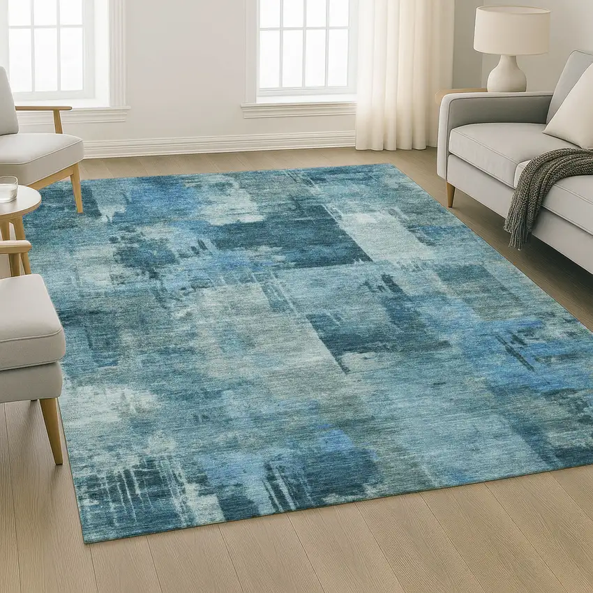 Blue And Denim Blue Abstract Washable Area Rug With UV Protection Photo 6