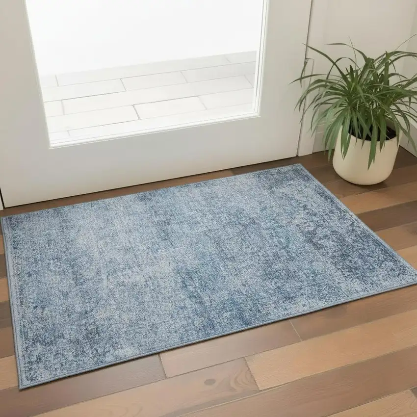 Blue And Denim Blue Abstract Washable Area Rug With UV Protection Photo 2